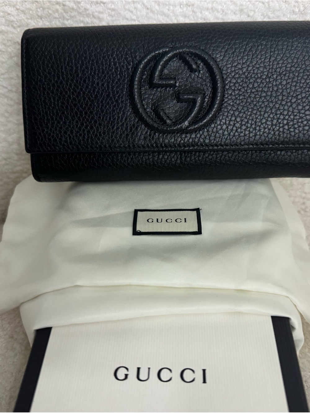 Gucci Black Pebbled Leather Continental Wallet with Embossed GG